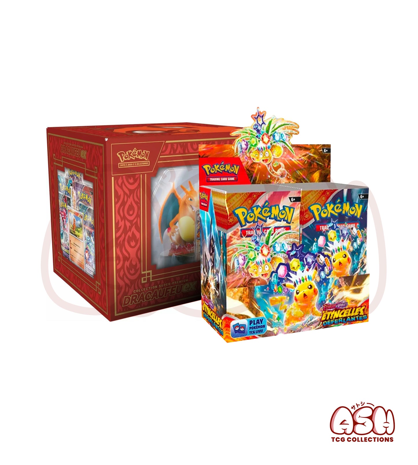LOT Display Pokémon EV08 – Étincelles Déferlantes + Coffret Collection Super-Premium Dracaufeu-Ex (Copie)