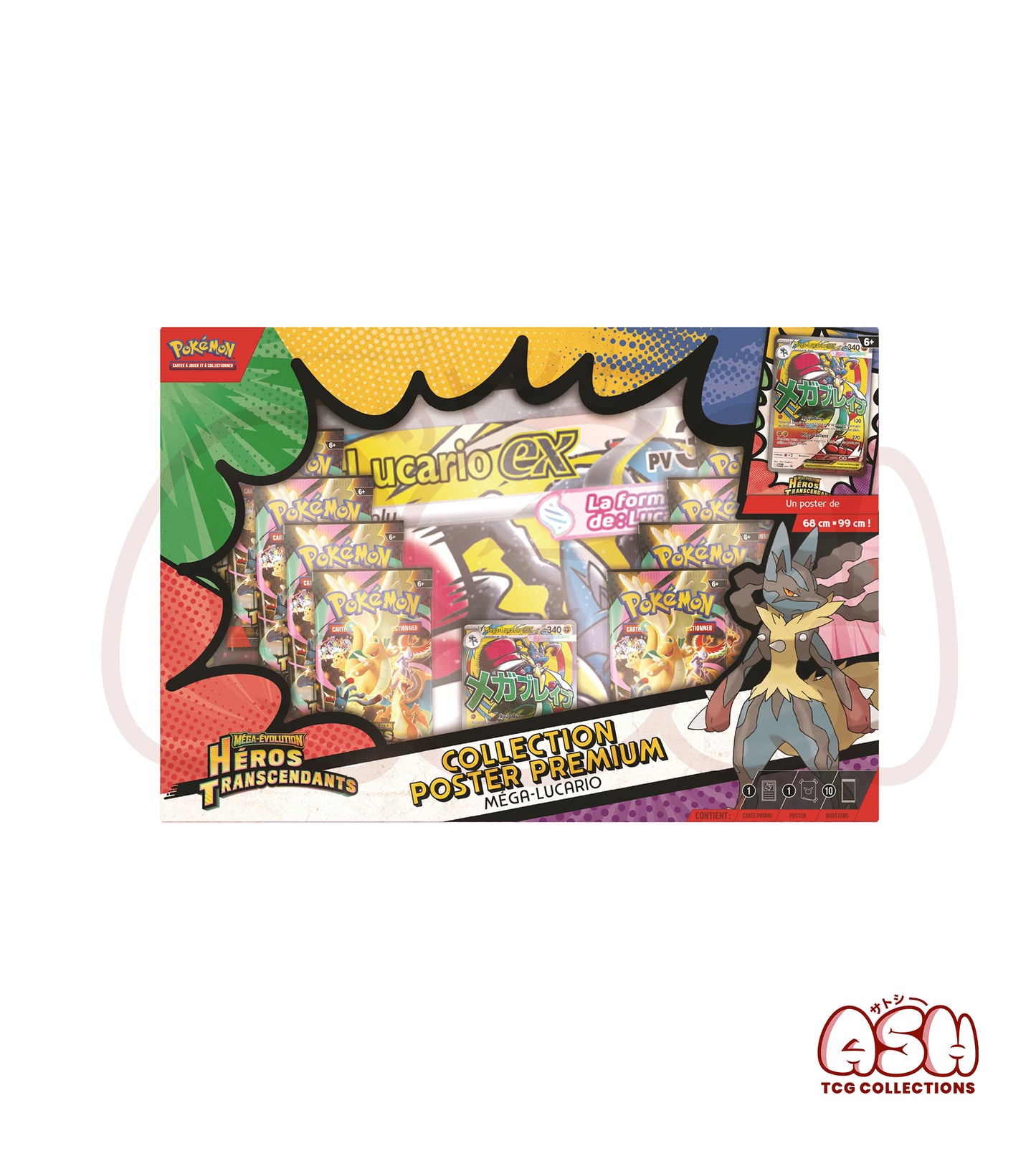 Coffret Pokémon Collection Poster Premium Méga-Lucario – Héros Transcendants ME02.5 – 10 Boosters