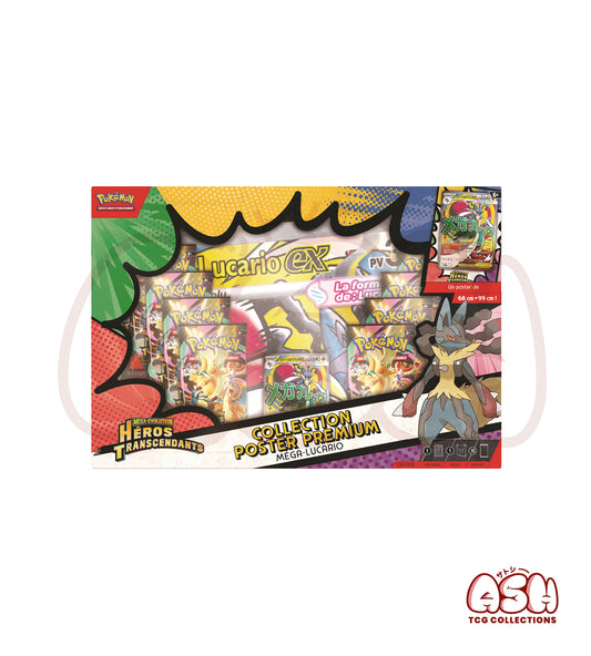 Coffret Pokémon Collection Poster Premium Méga-Lucario – Héros Transcendants ME02.5 – 10 Boosters