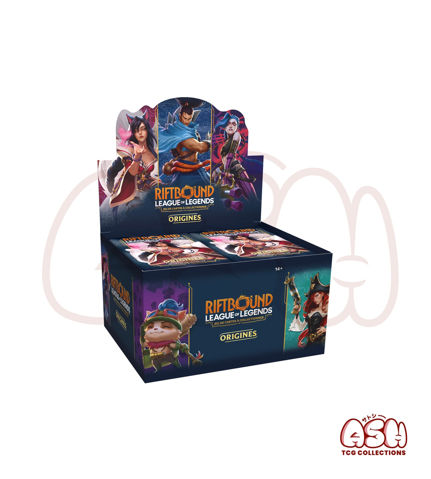 Boîte de boosters Riftbound Origines avec visuels des champions League of Legends côté