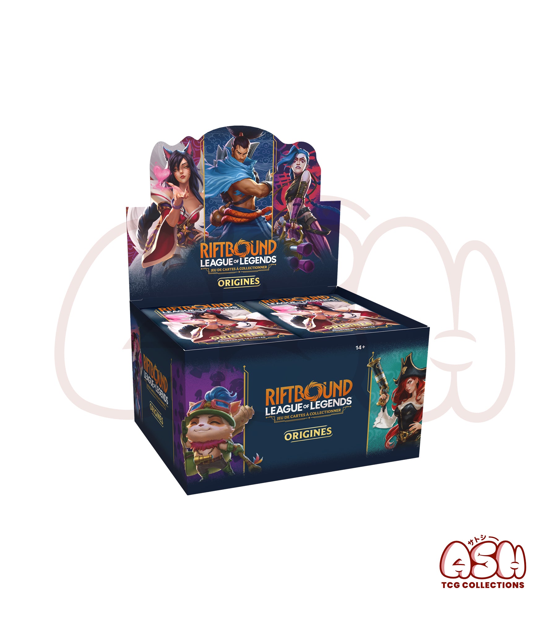 Boîte de boosters Riftbound Origines avec visuels des champions League of Legends côté