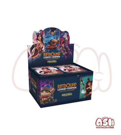 Boîte de boosters Riftbound Origines avec visuels des champions League of Legends côté