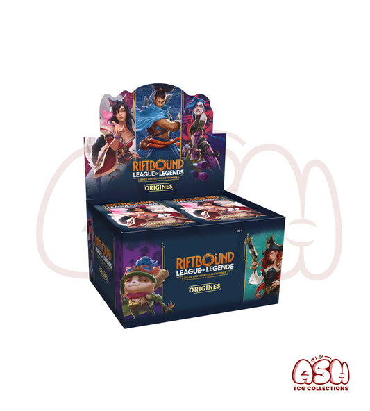 Boîte de boosters Riftbound Origines avec visuels des champions League of Legends côté