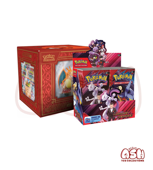 LOT Display Pokémon EV10 – Team Rocket : Rivalités Destinées + Coffret Collection Super-Premium Dracaufeu-Ex