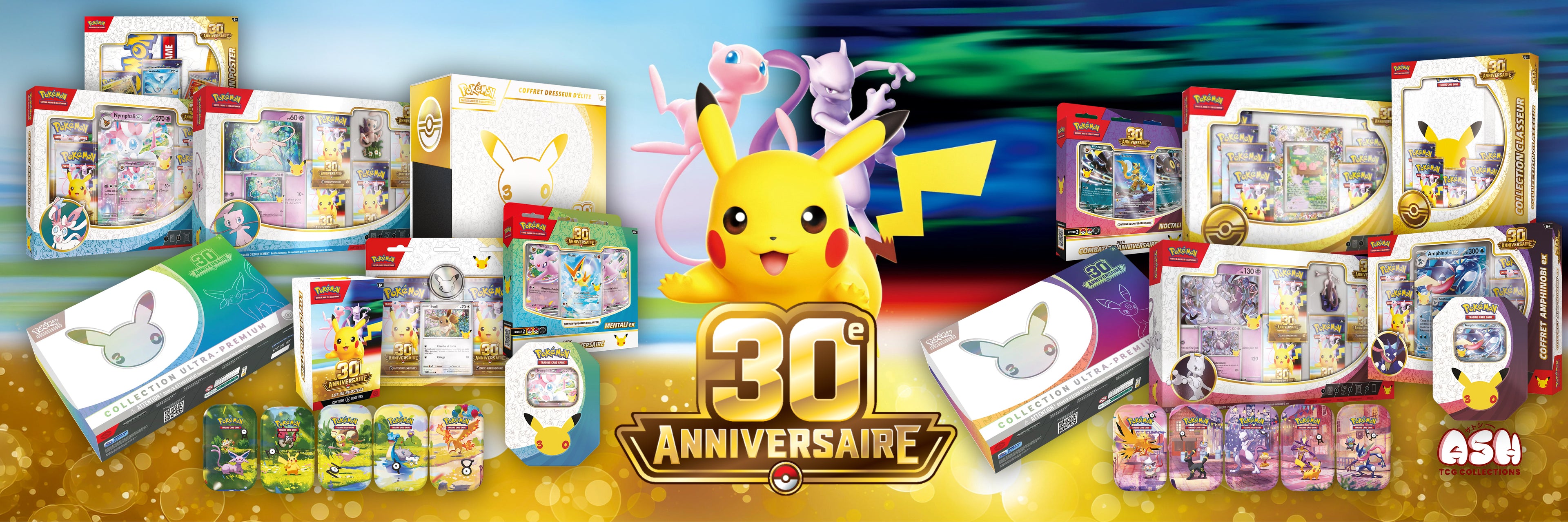 Pokémon TCG 30 ans trentième anniversaire coffret, ETB et booster. Cartes 30 ans Pokémon